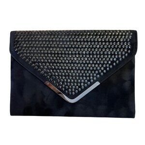 Elegant Black Suede Envelope Clutch With Studded Front and Crossover Chain Strap